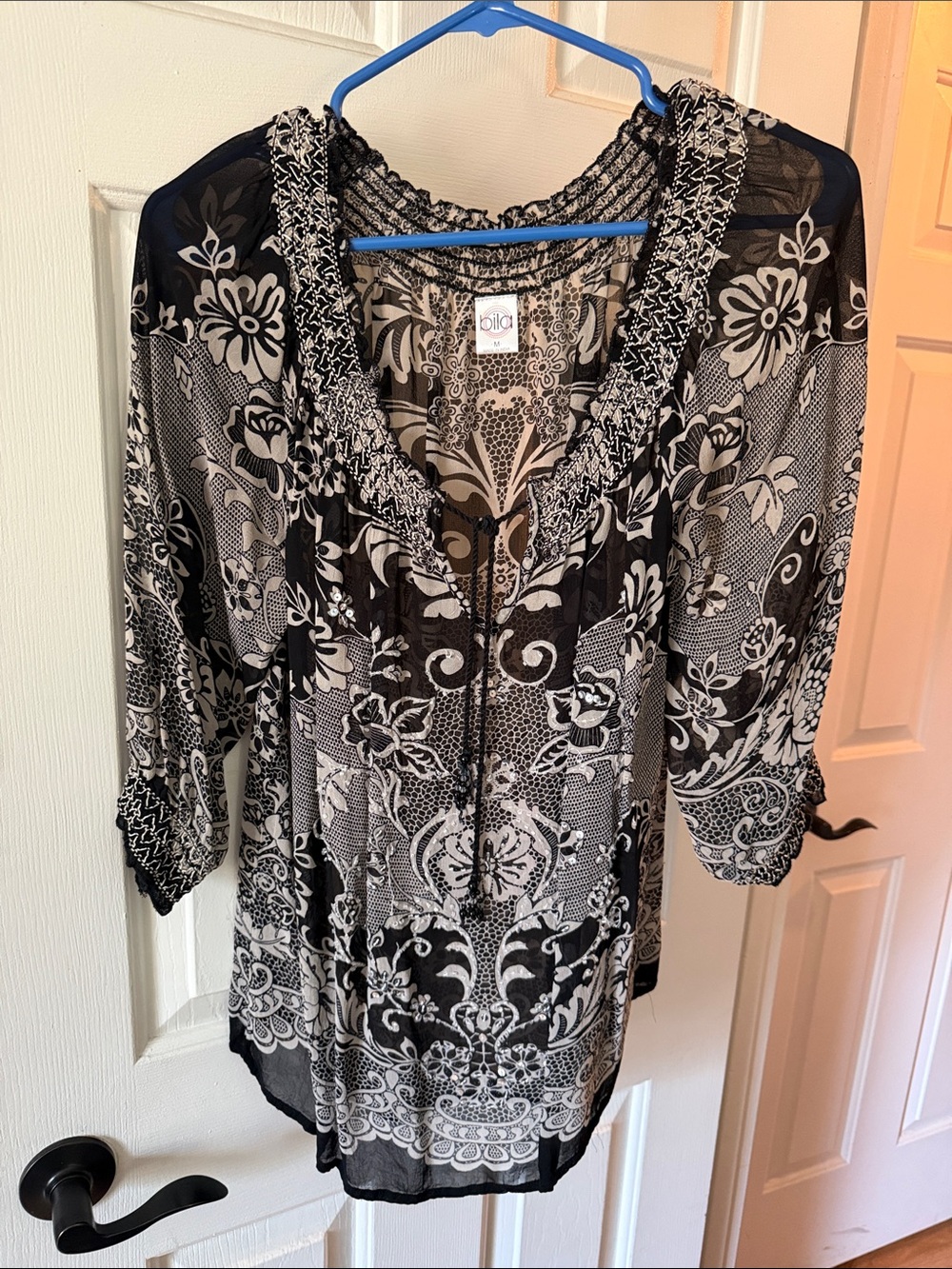 Bila Black and White Floral Sheer Tunic Top